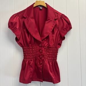 Poetry Womens Y2K Baby Doll Peplum Smocked Capped Sleeve Top Size L Vamp Sexy